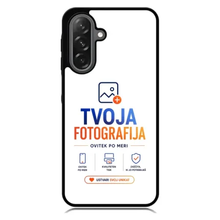 White smartphone case with TVOJA FOTOGRAFIJA branding, slogan 'OVITEK PO MERI', and three service icons beneath.