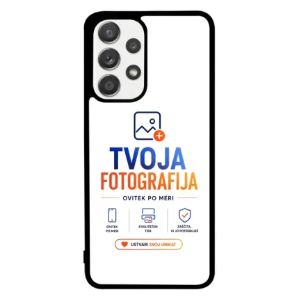 Phone case featuring the 'TVOJA FOTOGRAFIJA' logo, icons, and a CTA button 'USTVARI SVOJ UNIKAT'