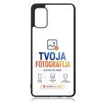 Phone case with a white background showing the TVOJA FOTOGRAFIJA logo, small icons, and an orange button that says ‘USTVARI SVOJ UNIKAT’ at the bottom.
