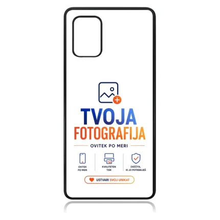 Smartphone mockup showing TVOJA FOTOGRAFIJA branding with logo, blue/orange text, and a rounded button labeled 'USTVARI SVOJ UNIKAT'