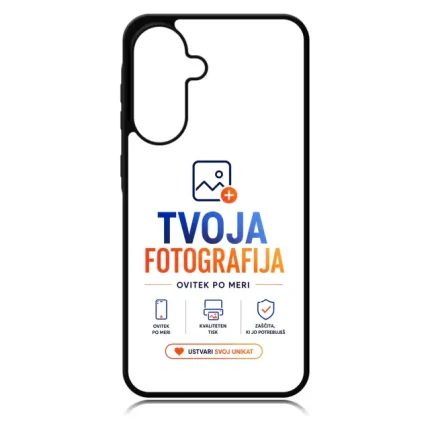 Phone screen displaying the TVOJA FOTOGRAFIJA app logo with slogan and three feature icons, plus an orange button labeled 'USTVARI SVOJ UNIKAT'.