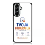 Phone case branded with the logo 'TVOJA FOTOGRAFIJA' in blue and orange, with the tagline 'OVITEK PO MERI' and small feature icons beneath