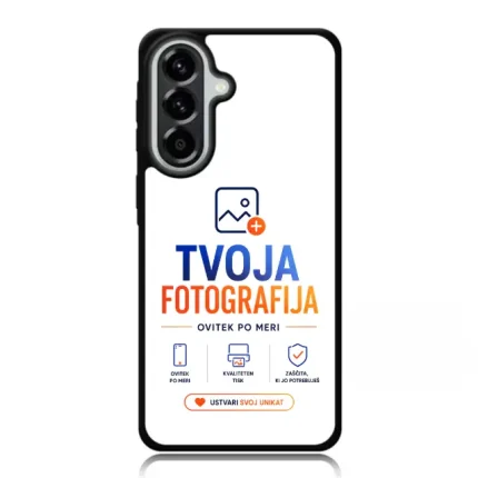 Phone case branded with the logo 'TVOJA FOTOGRAFIJA' in blue and orange, with the tagline 'OVITEK PO MERI' and small feature icons beneath