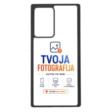 Phone case featuring TVOJA FOTOGRAFIJA branding with blue and orange text and small icons at bottom.