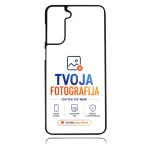 Phone case featuring TVOJA FOTOGRAFIJA branding in blue and orange, with small icons and a tagline at the bottom.