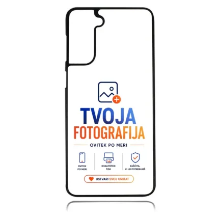 Phone case featuring TVOJA FOTOGRAFIJA branding in blue and orange, with small icons and a tagline at the bottom.