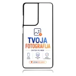 Phone case displaying the TVOJA FOTOGRAFIJA logo, slogan, three service icons, and an orange 'USTVARI SVOJ UNIKAT' button.
