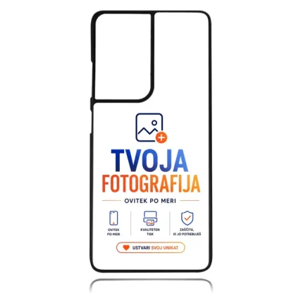 Phone case displaying the TVOJA FOTOGRAFIJA logo, slogan, three service icons, and an orange 'USTVARI SVOJ UNIKAT' button.