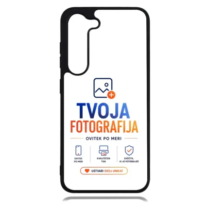iPhone-style phone case with TVOJA FOTOGRAFIJA branding (blue/orange text) and service icons on a white background
