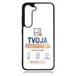 Phone case marketing a photography service with the logo 'TVOJA FOTOGRAFIJA' in blue and orange, plus small service icons and the phrase 'USTVORI SVOJ UNIKAT' (Create your unique).