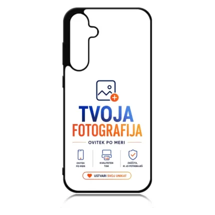 Phone case mockup featuring TVOJA FOTOGRAFIJA branding with blue and orange text and three service icons.