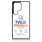 Phone case mockup featuring branding text 'Tvoja Fotografija' in blue/orange on white, with small icons and 'Ustvari svoj unikat' button area, at center.