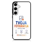 Phone case featuring TVOJA FOTOGRAFIJA branding with blue and orange logo and slogan text Deep blue 'TVOJA' paired with orange 'FOTOGRAFIJA' and service icons below.