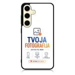 Phone case with a white back featuring the 'TVOJA FOTOGRAFIJA' logo in blue and orange and small icons below it.