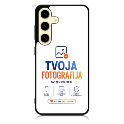 Phone case with a white back featuring the 'TVOJA FOTOGRAFIJA' logo in blue and orange and small icons below it.