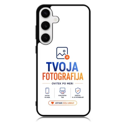 White phone case with a large TVOJA FOTOGRAFIJA logo and orange 'USTVARI SVOJ UNIKAT' button near the bottom, and a triple camera cutout at the top left.