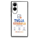 Phone case featuring the TVOJA FOTOGRAFIJA logo in blue and orange, with the tagline 'OVITEK PO MERI' and small icons at the bottom.