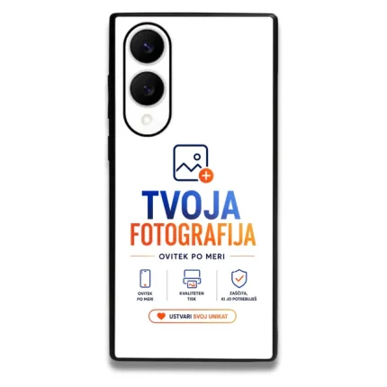 Phone case featuring the TVOJA FOTOGRAFIJA logo in blue and orange, with the tagline 'OVITEK PO MERI' and small icons at the bottom.