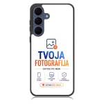 Phone case showing TVOJA FOTOGRAFIJA branding with logo and service icons (advertisement).