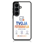 Phone case featuring the TVOJA FOTOGRAFIJA logo and slogan on a white background with blue and orange text.