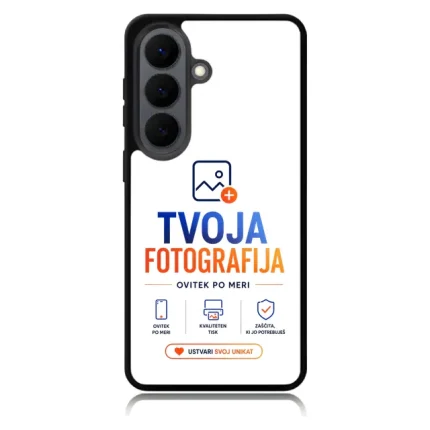 Phone case displaying TVOJA FOTOGRAFIJA branding with logo, slogan, and three service icons plus a 'Ustvari svoj unikát' button. (Informative branding image)
