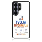 Phone case showing TVOJA FOTOGRAFIJA branding on a white background with blue and orange text and logo.