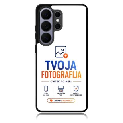 Phone case showing TVOJA FOTOGRAFIJA branding on a white background with blue and orange text and logo.