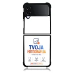 Black protective phone case opened to reveal branding insert: 'TVOJA FOTOGRAFIJA' with blue/orange text and icons at bottom.