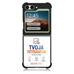 Two-piece rugged phone case with a screen showing 12:45 and a mountain wallpaper; bottom half displays a 'TVOJA FOTOGRAFIJA' promo card logo.