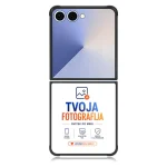 Foldable smartphone showing a blue-to-peach gradient back, with a white card beneath displaying the 'TVOJA FOTOGRAFIJA' logo and service icons.