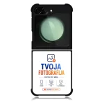 Black phone case with a camera cutout on top and a white branding panel below reading 'TVOJA FOTOGRAFIJA' in blue and orange.