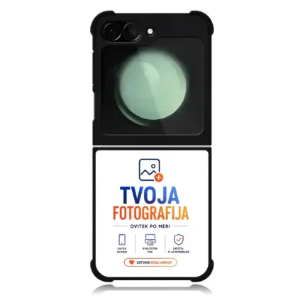 Black phone case with a camera cutout on top and a white branding panel below reading 'TVOJA FOTOGRAFIJA' in blue and orange.