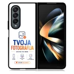 Dual-view image of a smartphone: left shows a white phone case with a blue/orange 'Tvoja Fotografija' logo and icons, right displays the phone’s abstract wallpaper screen.