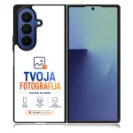 Phone shows a whiteback case with 'TVOJA FOTOGRAFIJA' branding and icons, placed beside a blue-display phone; promotional look for custom cases.