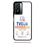 Phone case displaying branding for 'TVOJA FOTOGRAFIJA' with camera module at top left; slogan 'OVITEK PO MERI' and icons below
