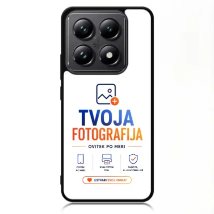 Phone screen displaying the TVOJA FOTOGRAFIJA app splash with logo and the 'USTVARI SVOJ UNIKAT' button on a white background.