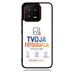 Phone case mockup displaying branding 'TVOJA FOTOGRAFIJA' with icons and 'USTVARI SVOJ UNIKAT' CTA.