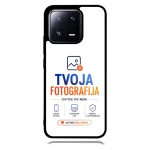 Phone case mockup displaying the logo 'TVOJA FOTOGRAFIJA' with the tagline 'OVITEK PO MERI' and three feature icons, plus a call-to-action button reading 'USTVARI SVOJ UNIKAT' at the bottom.