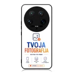 Smartphone mockup showing a circular camera plate at top and the branding 'Tvoja Fotografija' in blue and orange, with a 'Create your own unique' button.