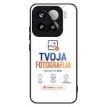 Phone case mockup displaying branding for 'TVOJA FOTOGRAFIJA' in blue and orange, with tagline and a call-to-action button in Slovenian.