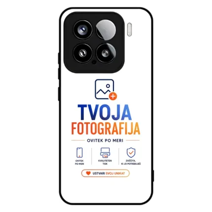 Phone case mockup displaying branding for 'TVOJA FOTOGRAFIJA' in blue and orange, with tagline and a call-to-action button in Slovenian.