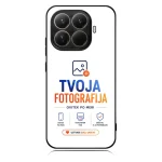 White smartphone case displaying a branding design: 'TVOJA FOTOGRAFIJA' in blue and orange, with small icons and a CTA button 'USTVARI SVOJ UNIKAT'