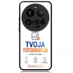 Smartphone screen displaying a camera-branding banner: 'TVOJA FOTOGRAFIJA' with a camera image and service icons on white background (Slovenian).