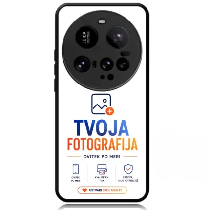 Smartphone screen displaying a camera-branding banner: 'TVOJA FOTOGRAFIJA' with a camera image and service icons on white background (Slovenian).