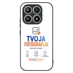 Phone back with a white screen showing TVOJA FOTOGRAFIJA branding and camera module at the top, indicating a photography app/brand.