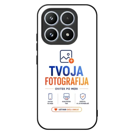 Phone back with a white screen showing TVOJA FOTOGRAFIJA branding and camera module at the top, indicating a photography app/brand.