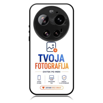 Smartphone screen showing a logo 'TVOJA FOTOGRAFIJA' with camera lens graphic, promoting a photography service.