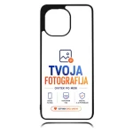 Phone case showcasing branding 'Tvoja Fotografija' with logo and three feature icons for custom framing, quality print, and protection.