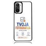 Phone case with TVOJA FOTOGRAFIJA branding and slogan OVITEK PO MERI, centered on a white background with black edges.