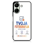 Phone case with TVOJA FOTOGRAFIJA branding in blue and orange text and small service icons beneath the logo.